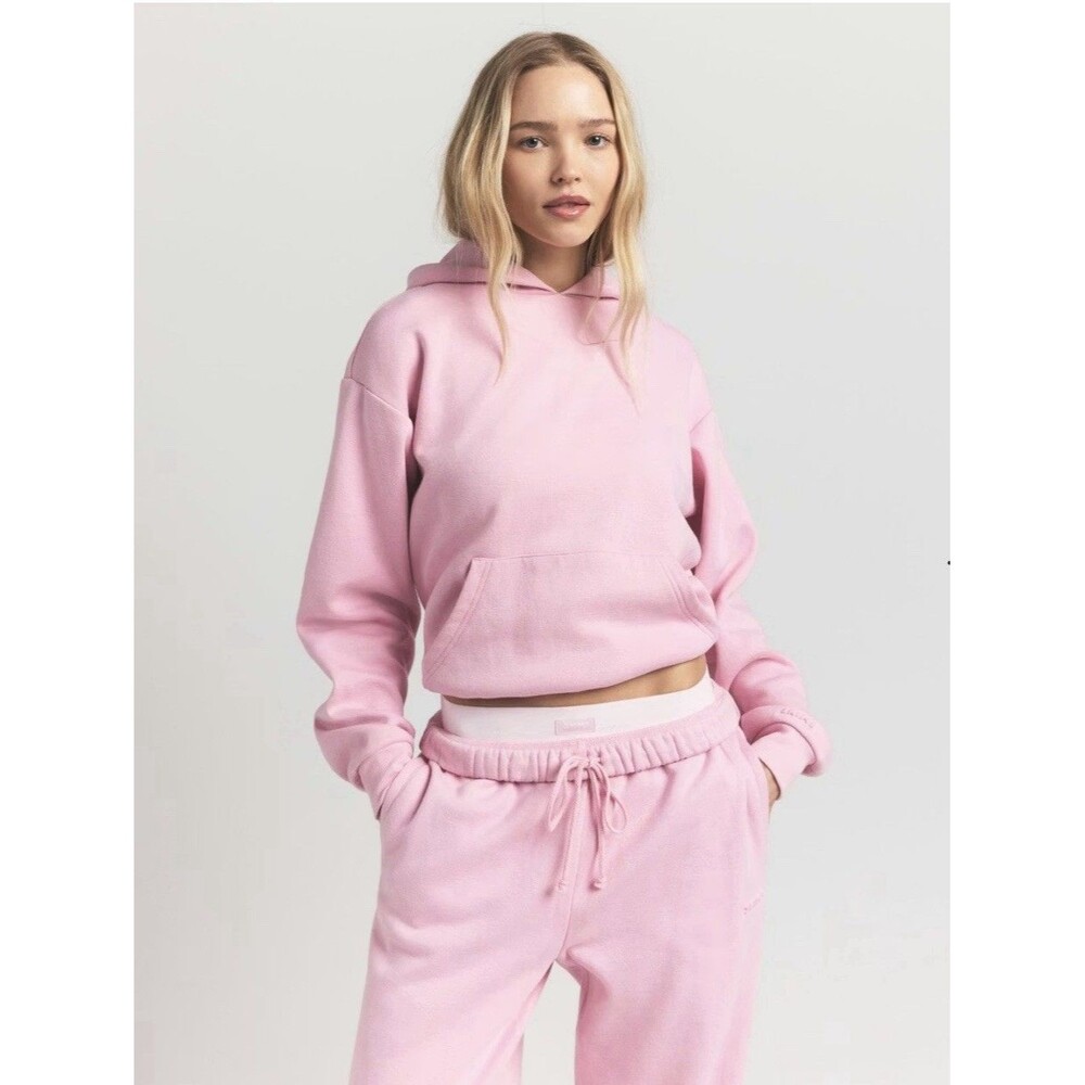 SKIMS Cotton Fleece Pink Classic Pullover Logo Pocket Hoodie Small NWT $88